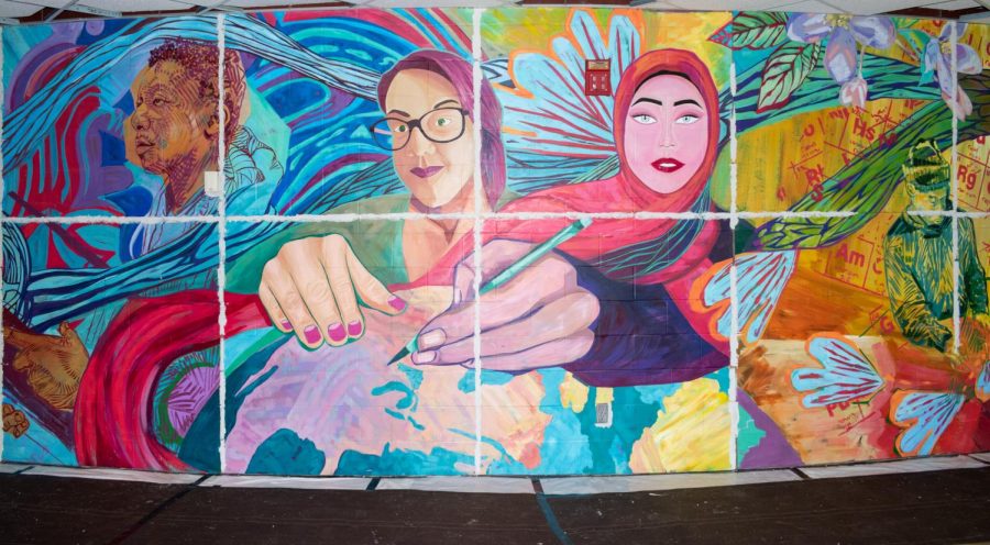 Sections of the mural of two women working together drawing a globe. 