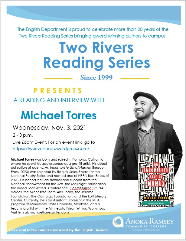 The flyer for the next installment of the Two Rivers Reading Series